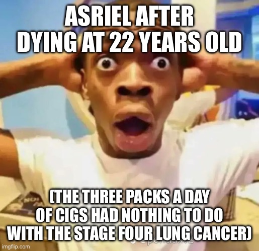 Shocked black guy | ASRIEL AFTER DYING AT 22 YEARS OLD; (THE THREE PACKS A DAY OF CIGS HAD NOTHING TO DO WITH THE STAGE FOUR LUNG CANCER) | image tagged in shocked black guy,e | made w/ Imgflip meme maker