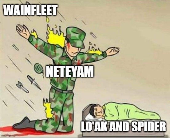 Soldier protecting sleeping child | WAINFLEET; NETEYAM; LO'AK AND SPIDER | image tagged in soldier protecting sleeping child,avatar guy,avatar the way of water,james cameron,memes,avatar | made w/ Imgflip meme maker