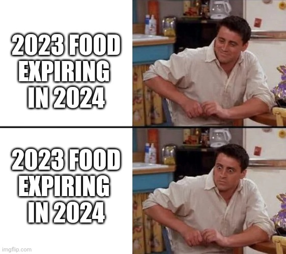 2023 Food | 2023 FOOD EXPIRING 
IN 2024; 2023 FOOD EXPIRING 
IN 2024 | image tagged in surprised joey,memes,funny memes,sfw,food,funny | made w/ Imgflip meme maker