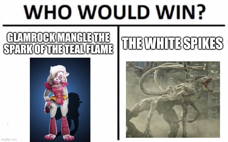 Whom do y'all think would win? P.s the white spike stands a chance against mangle whom is literally the daughter of a god | GLAMROCK MANGLE THE SPARK OF THE TEAL FLAME; THE WHITE SPIKES | image tagged in memes,who would win | made w/ Imgflip meme maker