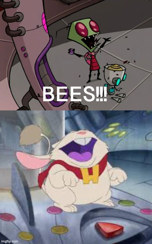 Dr. Hamsterviel Laughing at Zim Yelling "Bees!!!" | image tagged in invader zim,lilo and stitch,disney channel,nickelodeon | made w/ Imgflip meme maker