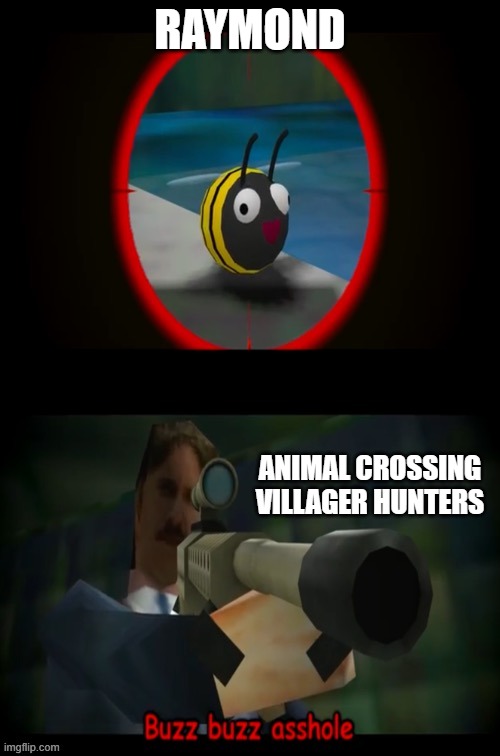 not me (I was looking for Savannah until I got her amiibo card) | RAYMOND; ANIMAL CROSSING VILLAGER HUNTERS | image tagged in swagmaster69 attempting to shoot a bee,animal crossing,raymond | made w/ Imgflip meme maker