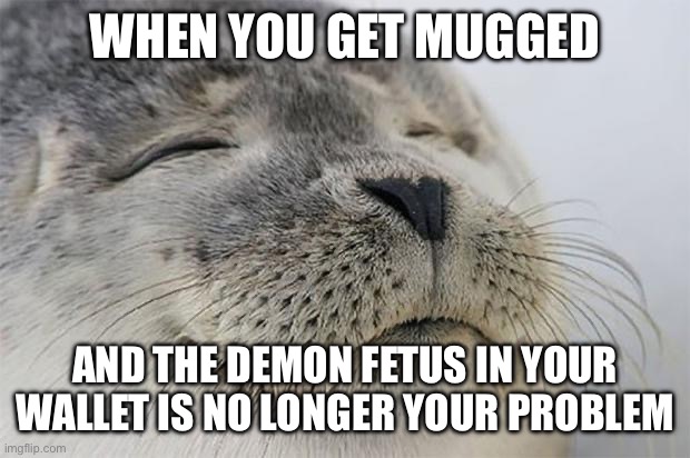 Satisfied Seal Meme | WHEN YOU GET MUGGED; AND THE DEMON FETUS IN YOUR WALLET IS NO LONGER YOUR PROBLEM | image tagged in memes,satisfied seal | made w/ Imgflip meme maker