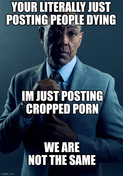 Gus Fring we are not the same | YOUR LITERALLY JUST POSTING PEOPLE DYING IM JUST POSTING CROPPED PORN WE ARE NOT THE SAME | image tagged in gus fring we are not the same | made w/ Imgflip meme maker