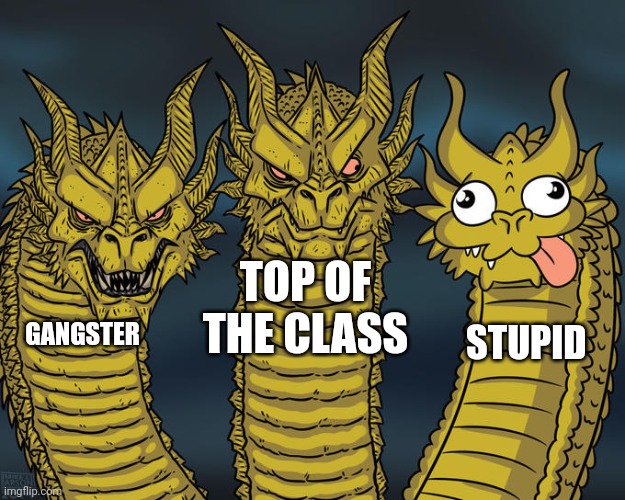 King Ghidorah's heads | TOP OF THE CLASS; GANGSTER; STUPID | image tagged in three-headed dragon | made w/ Imgflip meme maker