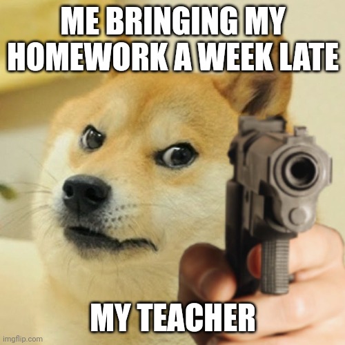 Doge holding a gun | ME BRINGING MY HOMEWORK A WEEK LATE; MY TEACHER | image tagged in doge holding a gun | made w/ Imgflip meme maker