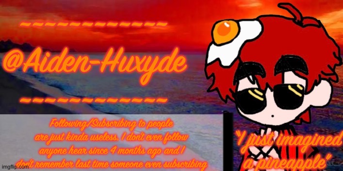 @Aiden-Huxyde (1) | Following/Subscribing to people are just kinda useless. I don’t even follow anyone hear since 4 months ago and I don’t remember last time someone even subscribing | image tagged in aiden-huxyde 1 | made w/ Imgflip meme maker