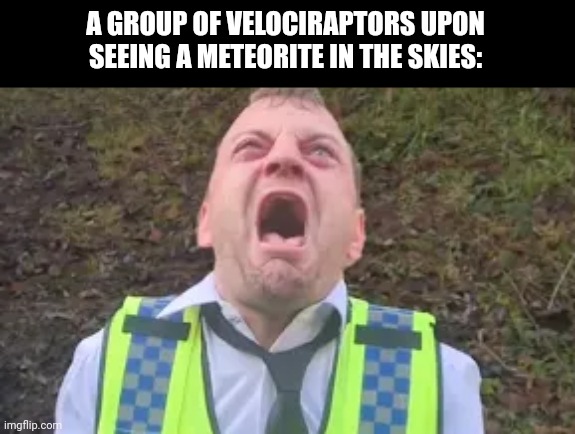 A GROUP OF VELOCIRAPTORS UPON SEEING A METEORITE IN THE SKIES: | image tagged in memes,dino,meteor | made w/ Imgflip meme maker