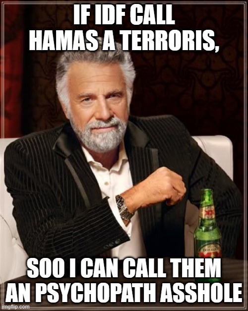 The Most Interesting Man In The World Meme | IF IDF CALL HAMAS A TERRORIS, SOO I CAN CALL THEM AN PSYCHOPATH ASSHOLE | image tagged in memes,the most interesting man in the world,opinions | made w/ Imgflip meme maker
