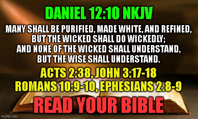 Bible  | DANIEL 12:10 NKJV; MANY SHALL BE PURIFIED, MADE WHITE, AND REFINED,
BUT THE WICKED SHALL DO WICKEDLY;
AND NONE OF THE WICKED SHALL UNDERSTAND,
BUT THE WISE SHALL UNDERSTAND. ACTS 2:38, JOHN 3:17-18
ROMANS 10:9-10, EPHESIANS 2:8-9; READ YOUR BIBLE | image tagged in bible | made w/ Imgflip meme maker