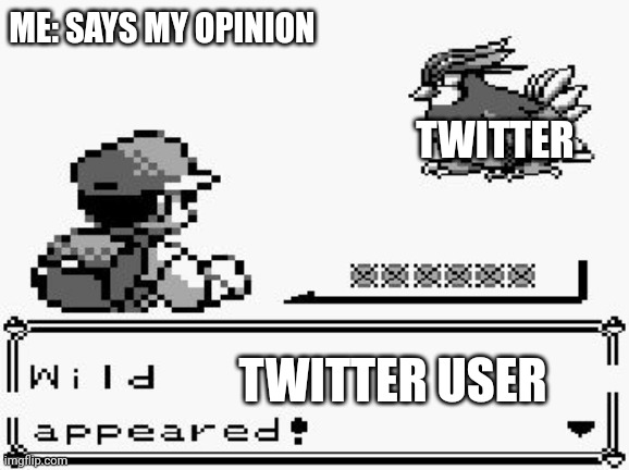 Idk what to title these | ME: SAYS MY OPINION; TWITTER; TWITTER USER | image tagged in pokemon appears | made w/ Imgflip meme maker