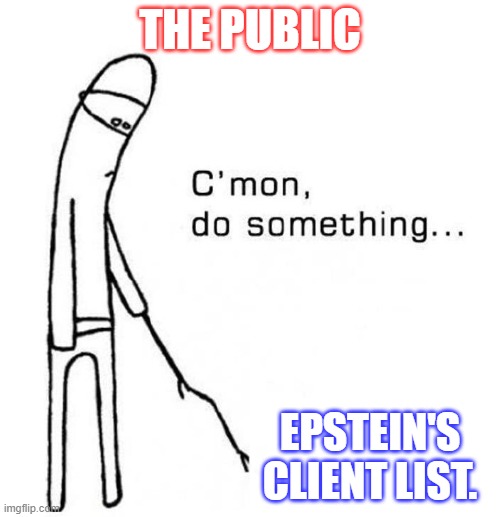 Show us what you got. | THE PUBLIC; EPSTEIN'S CLIENT LIST. | image tagged in cmon do something | made w/ Imgflip meme maker
