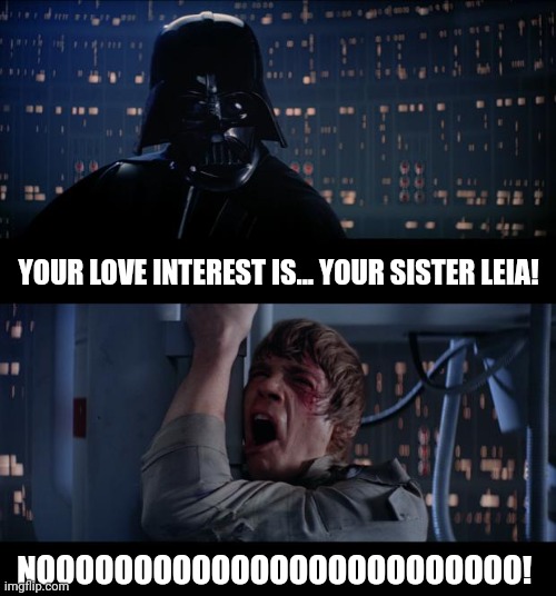 Star Wars No | YOUR LOVE INTEREST IS... YOUR SISTER LEIA! NOOOOOOOOOOOOOOOOOOOOOOOOO! | image tagged in memes,star wars no | made w/ Imgflip meme maker