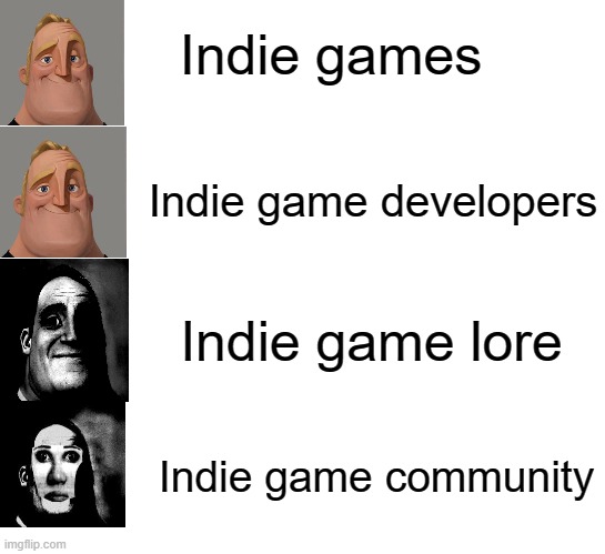 Indie games | Indie games; Indie game developers; Indie game lore; Indie game community | image tagged in funny,gaming | made w/ Imgflip meme maker