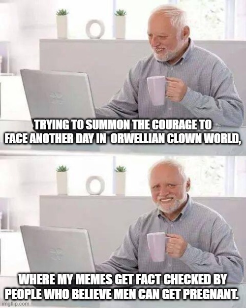 Hide the Pain Harold Meme | TRYING TO SUMMON THE COURAGE TO FACE ANOTHER DAY IN  ORWELLIAN CLOWN WORLD, WHERE MY MEMES GET FACT CHECKED BY PEOPLE WHO BELIEVE MEN CAN GET PREGNANT. | image tagged in memes,hide the pain harold | made w/ Imgflip meme maker