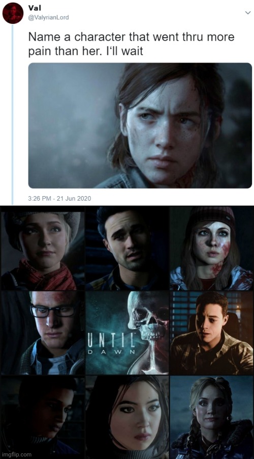You know what screw it all of them | image tagged in name one character who went through more pain than her | made w/ Imgflip meme maker