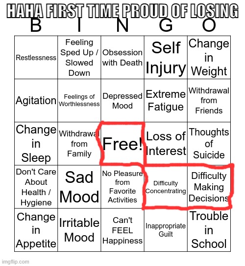 i be dunkin on y'all depressed ass lol | HAHA FIRST TIME PROUD OF LOSING | image tagged in depression bingo 1 | made w/ Imgflip meme maker