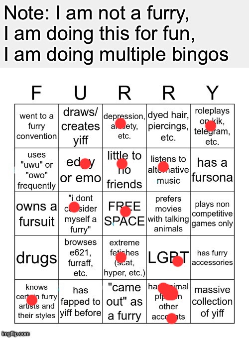 Well I’m somewhat of one, but I am not a furry | Note: I am not a furry, I am doing this for fun, I am doing multiple bingos | image tagged in furry bingo v2 | made w/ Imgflip meme maker