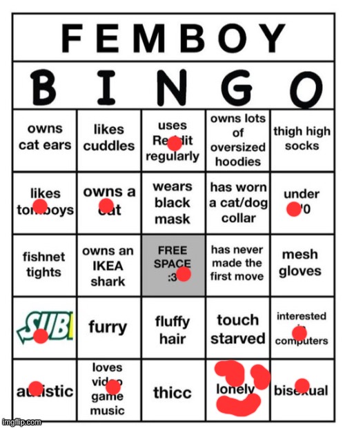 When an actual female does the test | image tagged in femboy bingo | made w/ Imgflip meme maker