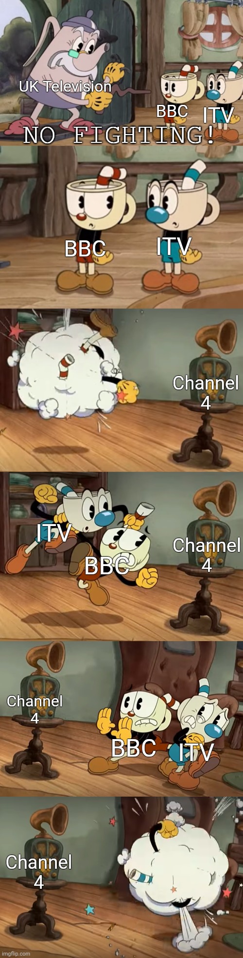 Cuphead Show No Fighting | UK Television; BBC; ITV; ITV; BBC; Channel 4; Channel 4; ITV; BBC; Channel 4; ITV; BBC; Channel 4 | image tagged in cuphead show no fighting | made w/ Imgflip meme maker