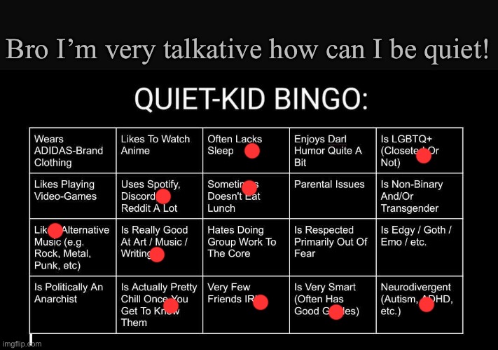 The | Bro I’m very talkative how can I be quiet! | image tagged in quiet kid bingo | made w/ Imgflip meme maker