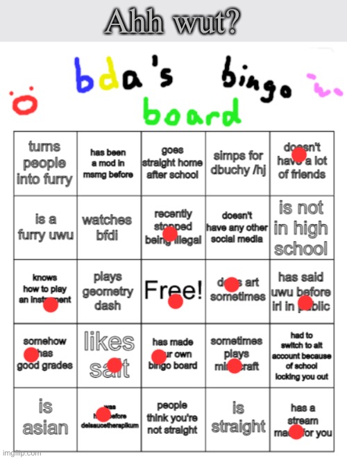 Trying to avoid getting bingo because that means stereotype | Ahh wut? | image tagged in bda bingo board | made w/ Imgflip meme maker