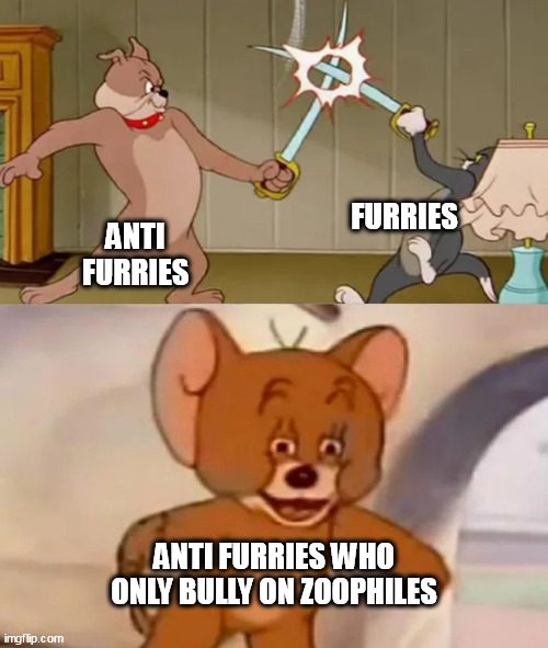 Tom and Spike fighting | FURRIES; ANTI FURRIES; ANTI FURRIES WHO ONLY BULLY ON ZOOPHILES | image tagged in tom and spike fighting,anti-furry | made w/ Imgflip meme maker