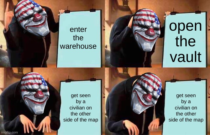 the plan | enter the warehouse; open the vault; get seen by a civilian on the other side of the map; get seen by a civilian on the other side of the map | image tagged in memes,gru's plan | made w/ Imgflip meme maker