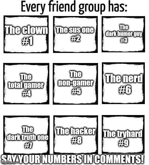 Mine is 13. | The clown
 #1; The sus one
 #2; The dark humor guy
 #3; The non-gamer
 #5; The nerd
 #6; The total gamer
 #4; The hacker
 #8; The dark truth one
 #7; The tryhard
 #9; SAY YOUR NUMBERS IN COMMENTS! | image tagged in every friend group has,choose | made w/ Imgflip meme maker