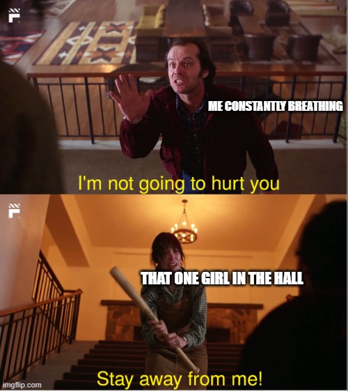 They start running away for no reason | ME CONSTANTLY BREATHING; THAT ONE GIRL IN THE HALL | image tagged in not going to hurt you | made w/ Imgflip meme maker
