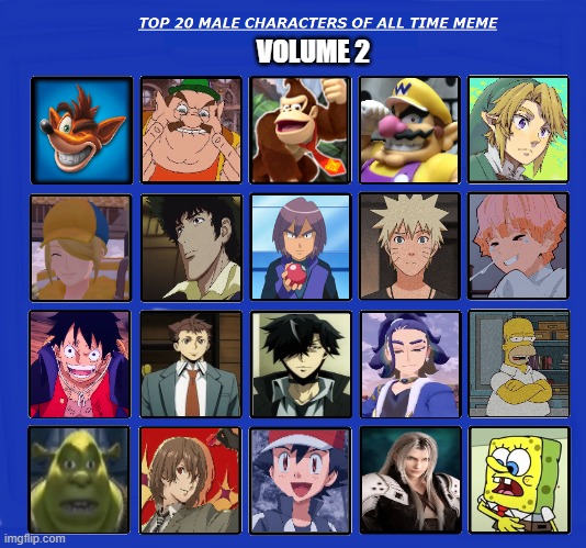 top 20 male characters of all time volume 2 | VOLUME 2 | image tagged in top 20 male characters of all time,male,anime,videogames,pokemon,nintendo | made w/ Imgflip meme maker