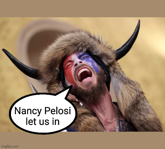 Nancy Pelosi let January 6th protesters into the Capitol | Nancy Pelosi let us in | image tagged in january 6 united states capitol attack,jacob chansley,shaman | made w/ Imgflip meme maker