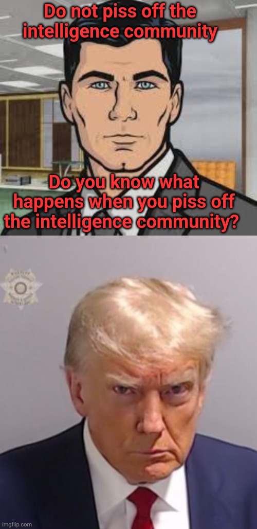 Use some intelligence | Do not piss off the intelligence community; Do you know what happens when you piss off the intelligence community? | image tagged in do you want ants archer,donald trump mugshot,intelligence,deep state | made w/ Imgflip meme maker