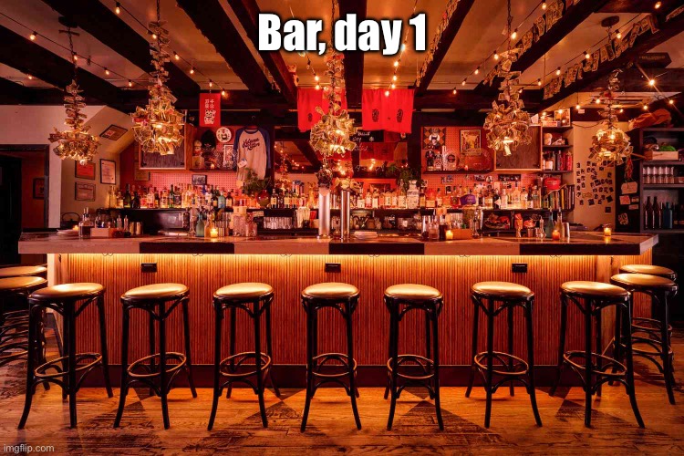 Bar | Bar, day 1 | image tagged in bar | made w/ Imgflip meme maker