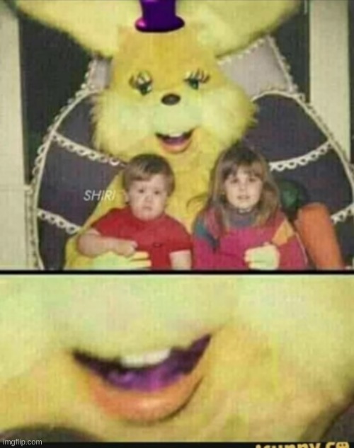 uh oh | image tagged in purple guy,yellow bunny,equals murder,to children | made w/ Imgflip meme maker