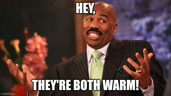 Steve Harvey Meme | HEY, THEY'RE BOTH WARM! | image tagged in memes,steve harvey | made w/ Imgflip meme maker