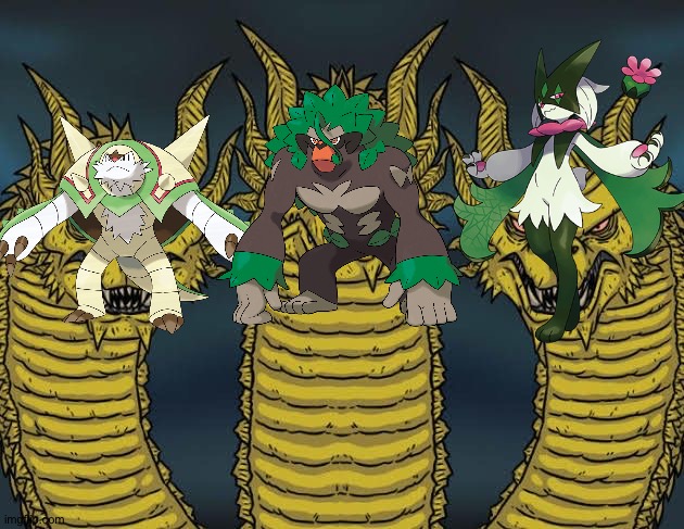 Chesuaght,Rillaboom and Meowscarada are the best Grass-type starter Final evolutions! | image tagged in three-headed serious dragon,pokemon | made w/ Imgflip meme maker