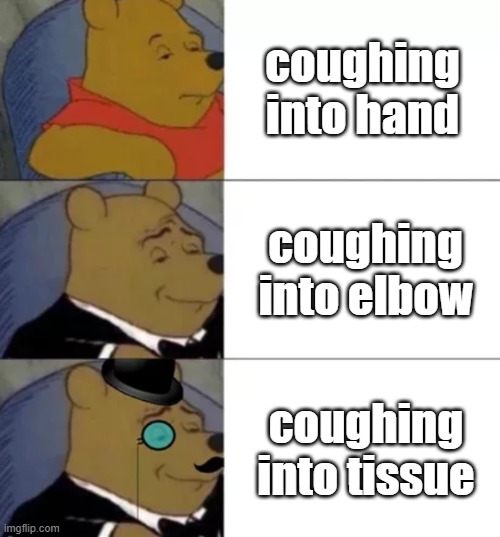 Fancy pooh | coughing into hand; coughing into elbow; coughing into tissue | image tagged in fancy pooh | made w/ Imgflip meme maker