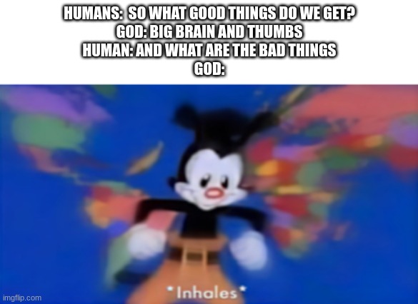 Yakko inhale | HUMANS:  SO WHAT GOOD THINGS DO WE GET?
GOD: BIG BRAIN AND THUMBS
HUMAN: AND WHAT ARE THE BAD THINGS
GOD: | image tagged in yakko inhale | made w/ Imgflip meme maker
