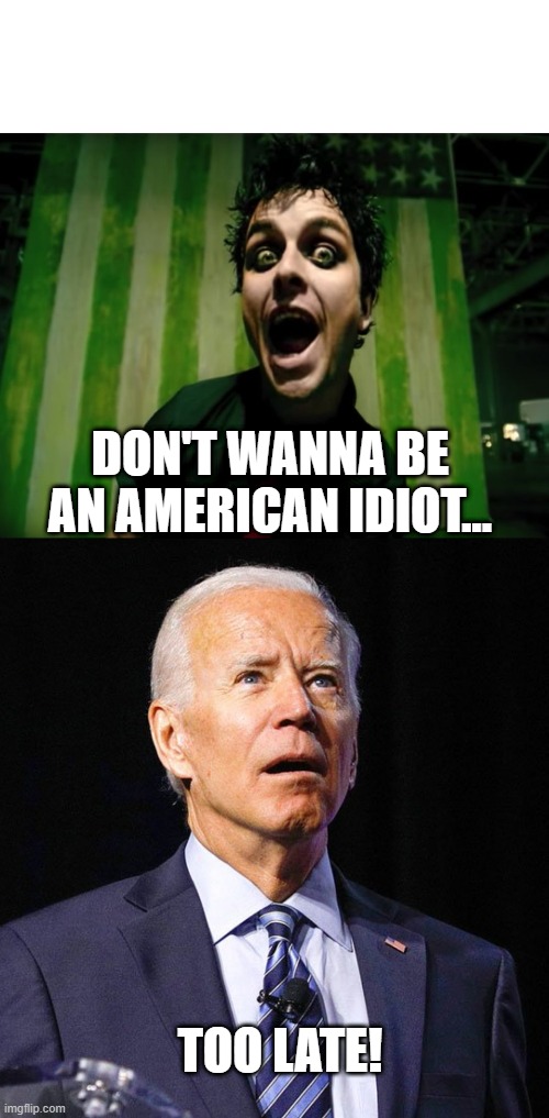 Too Late | DON'T WANNA BE AN AMERICAN IDIOT... TOO LATE! | image tagged in green day american idiot,joe biden | made w/ Imgflip meme maker