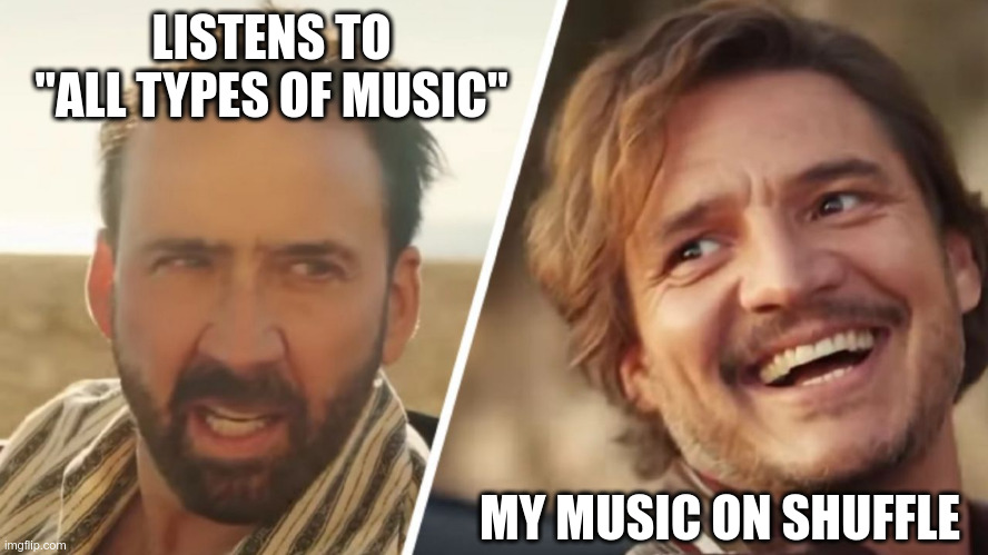 Nick Cage and Pedro pascal | LISTENS TO "ALL TYPES OF MUSIC"; MY MUSIC ON SHUFFLE | image tagged in nick cage and pedro pascal | made w/ Imgflip meme maker