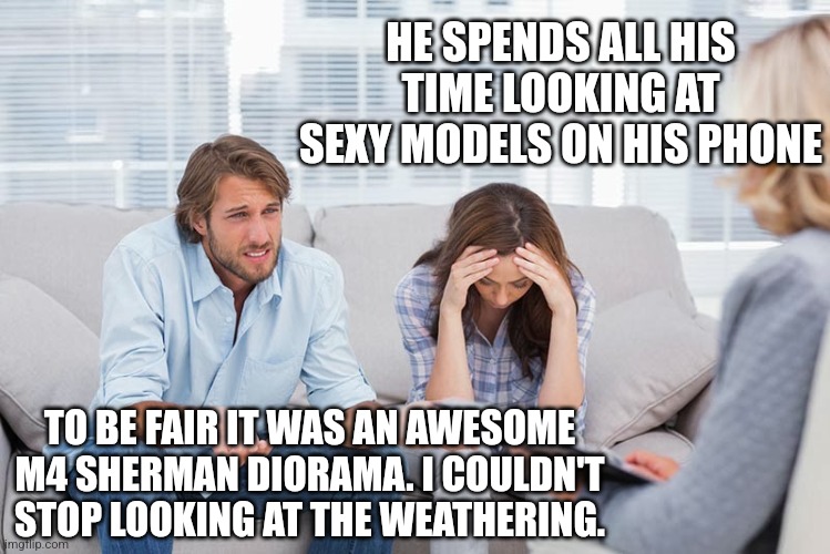 Model lover | HE SPENDS ALL HIS TIME LOOKING AT SEXY MODELS ON HIS PHONE; TO BE FAIR IT WAS AN AWESOME M4 SHERMAN DIORAMA. I COULDN'T STOP LOOKING AT THE WEATHERING. | image tagged in couples therapy | made w/ Imgflip meme maker