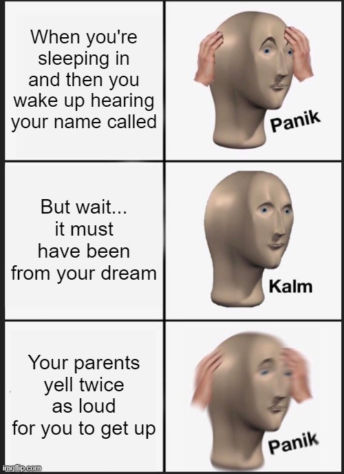 Panik! Kalm. Panik! | When you're sleeping in and then you wake up hearing your name called; But wait... it must have been from your dream; Your parents yell twice as loud for you to get up | image tagged in memes,panik kalm panik | made w/ Imgflip meme maker