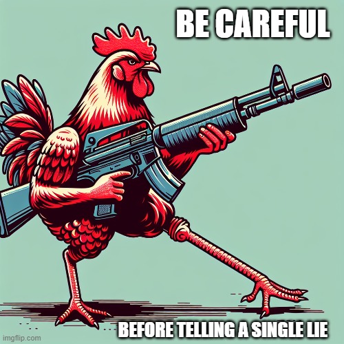 GUN HEN | BE CAREFUL; BEFORE TELLING A SINGLE LIE | image tagged in gun,hen,warn,fun | made w/ Imgflip meme maker