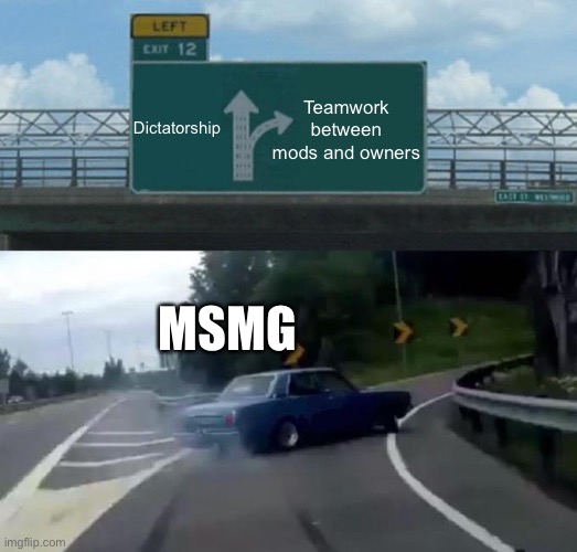 Swerving Car | Dictatorship Teamwork between mods and owners MSMG | image tagged in swerving car | made w/ Imgflip meme maker
