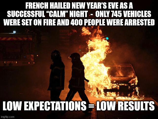 You get what you expect... | FRENCH HAILED NEW YEAR’S EVE AS A SUCCESSFUL “CALM” NIGHT  -  ONLY 745 VEHICLES WERE SET ON FIRE AND 400 PEOPLE WERE ARRESTED; LOW EXPECTATIONS = LOW RESULTS | image tagged in expectations,france | made w/ Imgflip meme maker