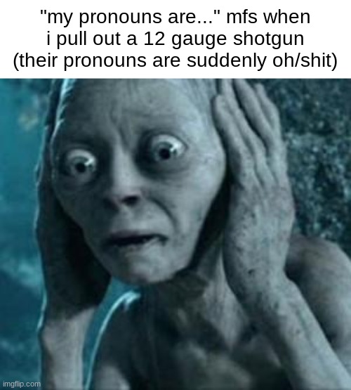 Scared Gollum | "my pronouns are..." mfs when i pull out a 12 gauge shotgun (their pronouns are suddenly oh/shit) | image tagged in scared gollum | made w/ Imgflip meme maker