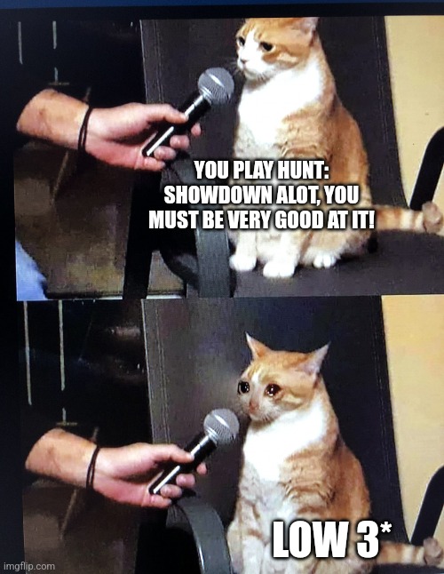 Cat interview crying | YOU PLAY HUNT: SHOWDOWN ALOT, YOU MUST BE VERY GOOD AT IT! LOW 3* | image tagged in cat interview crying | made w/ Imgflip meme maker