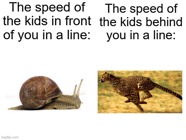 Does this happen to you? | The speed of the kids in front of you in a line:; The speed of the kids behind you in a line: | image tagged in memes,school | made w/ Imgflip meme maker