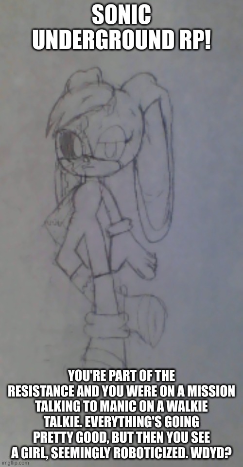 Basic rules apply, no bambi, no erp, no joke ocs. | SONIC UNDERGROUND RP! YOU'RE PART OF THE RESISTANCE AND YOU WERE ON A MISSION TALKING TO MANIC ON A WALKIE TALKIE. EVERYTHING'S GOING PRETTY GOOD, BUT THEN YOU SEE A GIRL, SEEMINGLY ROBOTICIZED. WDYD? | image tagged in kyle the bunny | made w/ Imgflip meme maker